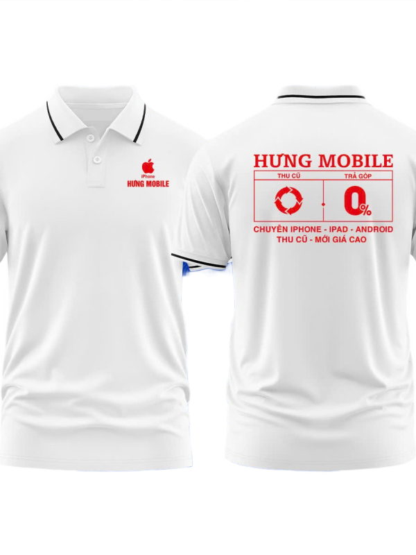 Áo thun đồng phục Polo Hưng Mobile Trắng Sọc Đ0en