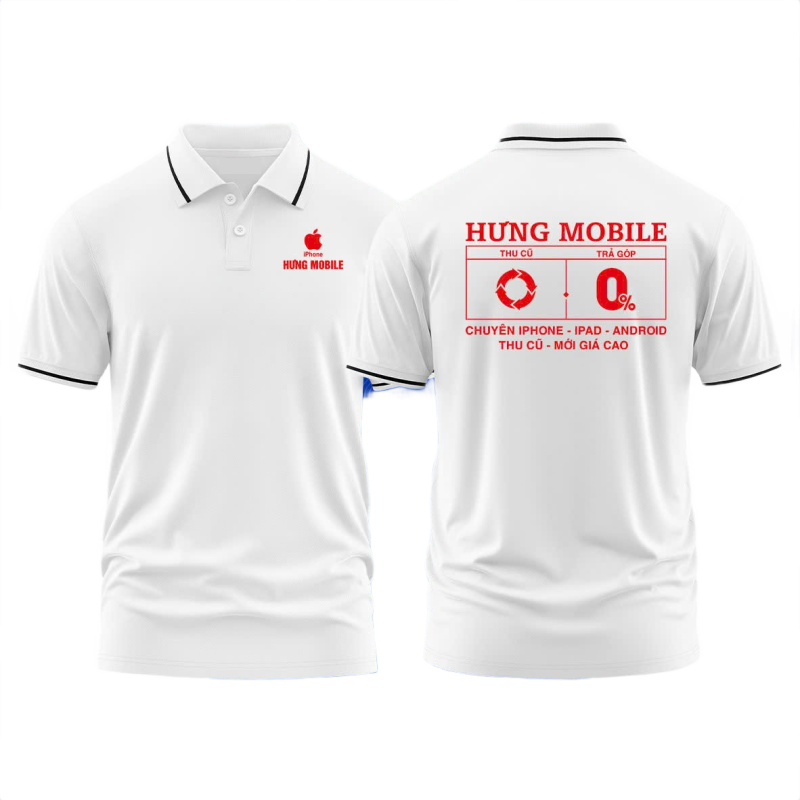 Áo thun đồng phục Polo Hưng Mobile Trắng Sọc Đ0en