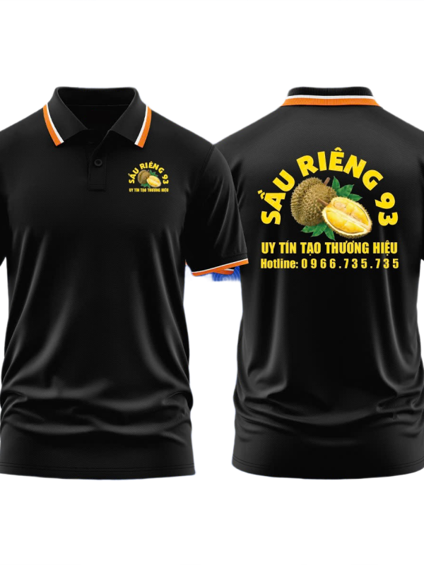 Áo thun đồng phục Polo Sầu Riêng 93 Đen Sọc Cam Trắng