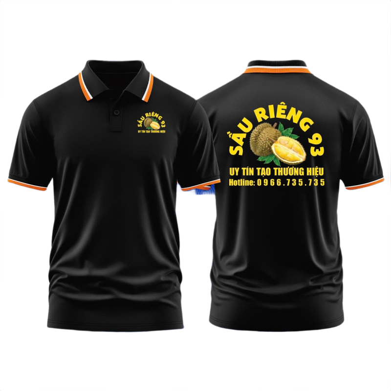 Áo thun đồng phục Polo Sầu Riêng 93 Đen Sọc Cam Trắng