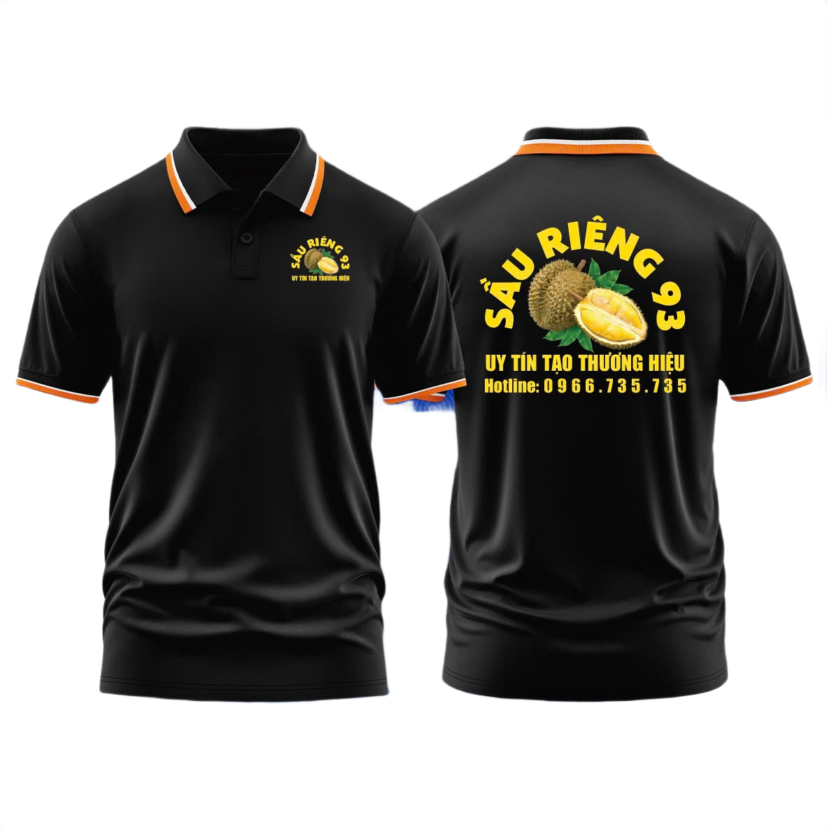 Áo thun đồng phục Polo Sầu Riêng 93 Đen Sọc Cam Trắng