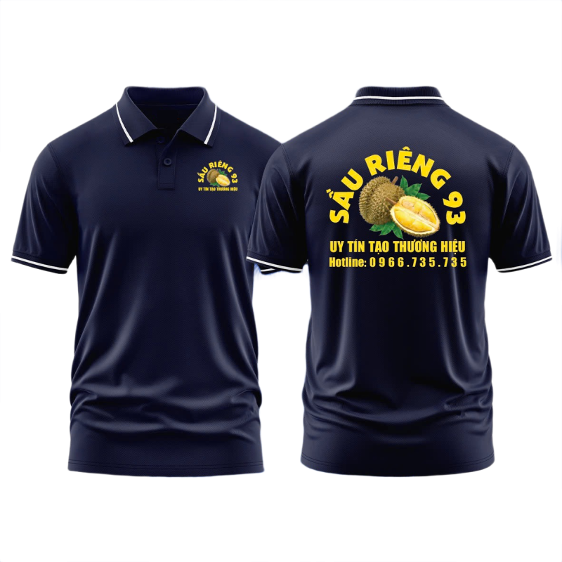 Áo thun đồng phục Polo Sầu Riêng 93 Xanh Đen Sọc Trắng