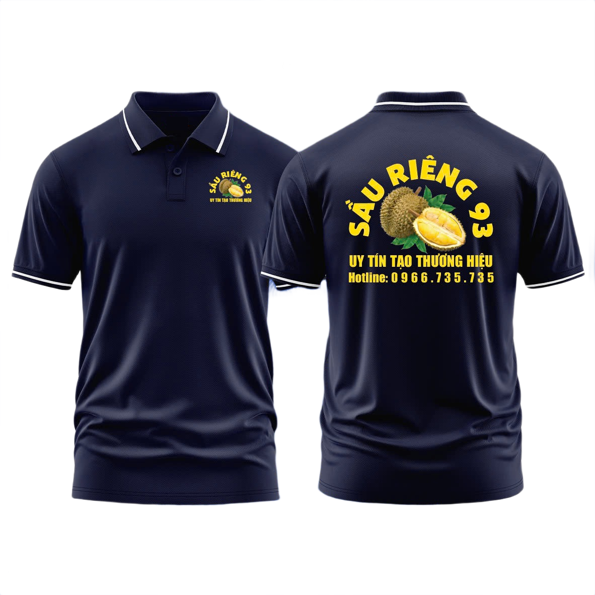 Áo thun đồng phục Polo Sầu Riêng 93 Xanh Đen Sọc Trắng