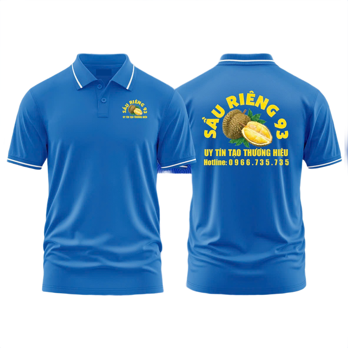 Áo thun đồng phục Polo Sầu Riêng 93 Xanh Dương Sọc Trắng