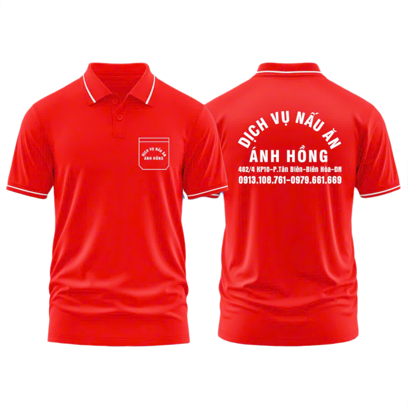 Áo thun đồng phục Polo Dịch Vụ Nấu Ăn Ánh Hồng Đỏ Sọc Trắng
